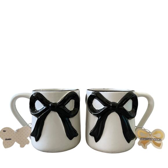 Sheffield Home Hand Painted Large Black Bow Embossed Mug Set of 2 White New - Picture 1 of 15
